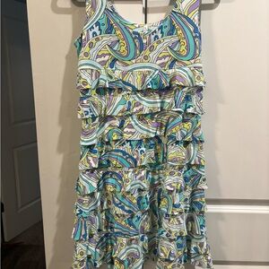 Lulu-B Multicolor Paisley Ruffle Dress - Teal, Yellow, Purple size small